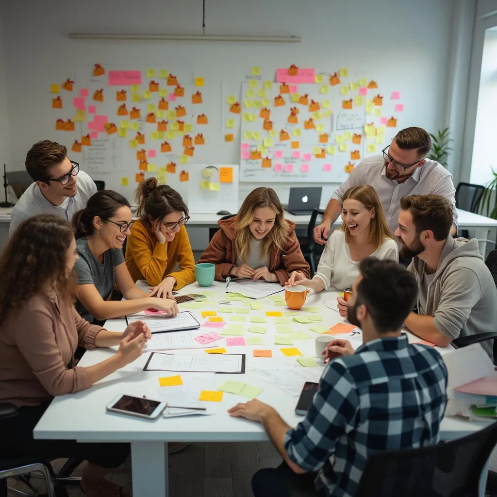 Team brainstorming session with chicken-themed sticky notes