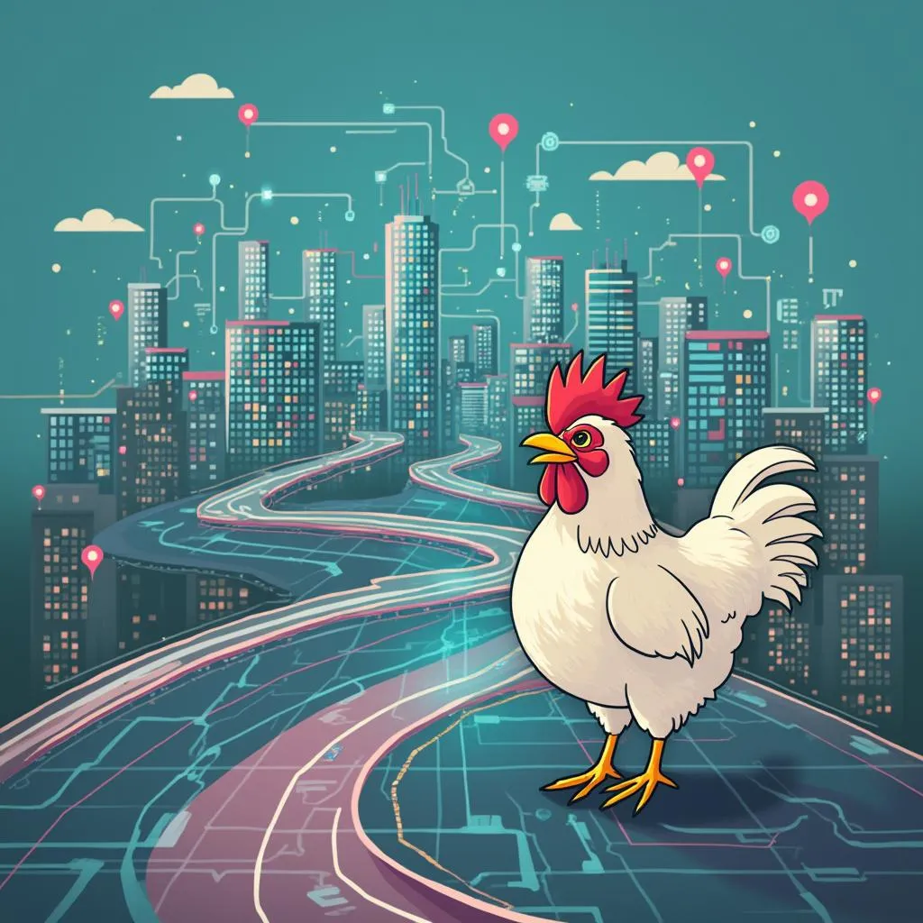 Illustration of a chicken looking at a roadmap towards a bright city
